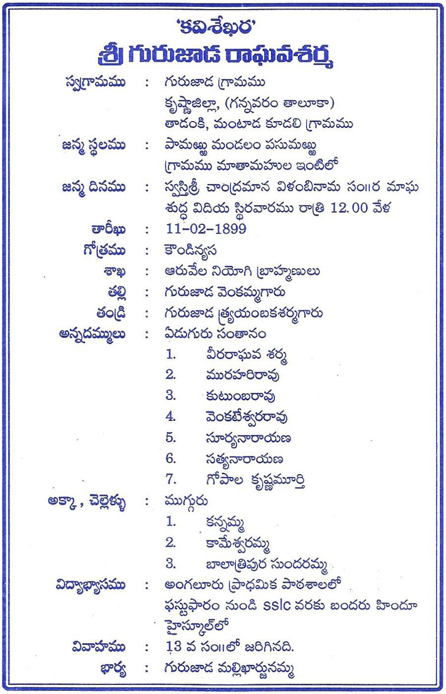 kavi sekhara sri guruzada raghava sarma gaaru